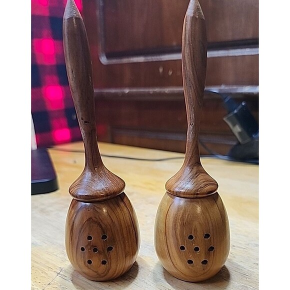 Vintage Turned Wood Salt & Pepper Shakers – Mid-Century Modern Tableware - Picture 1 of 10